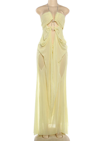 Nibber Prom Party Gown Dress Woman Sexy See Through Luxury Chain Halter Low-Neck Backless Sleeveless Midnight Elegant Vestidos