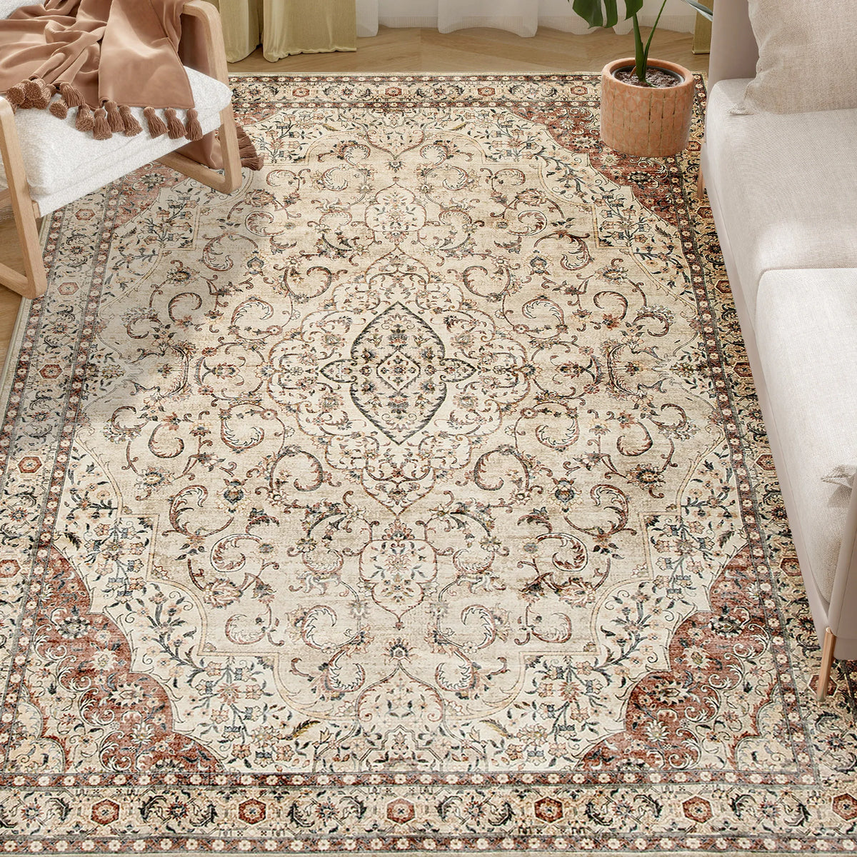 Machine Washable Area Rug, 5x7 Vintage Oriental Medallion Distressed Rugs Soft Printed Floor Mat, Mixed-Brown