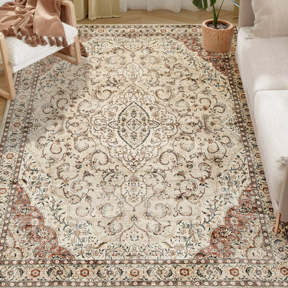 Machine Washable Area Rug, 5x7 Vintage Oriental Medallion Distressed Rugs Soft Printed Floor Mat, Mixed-Brown