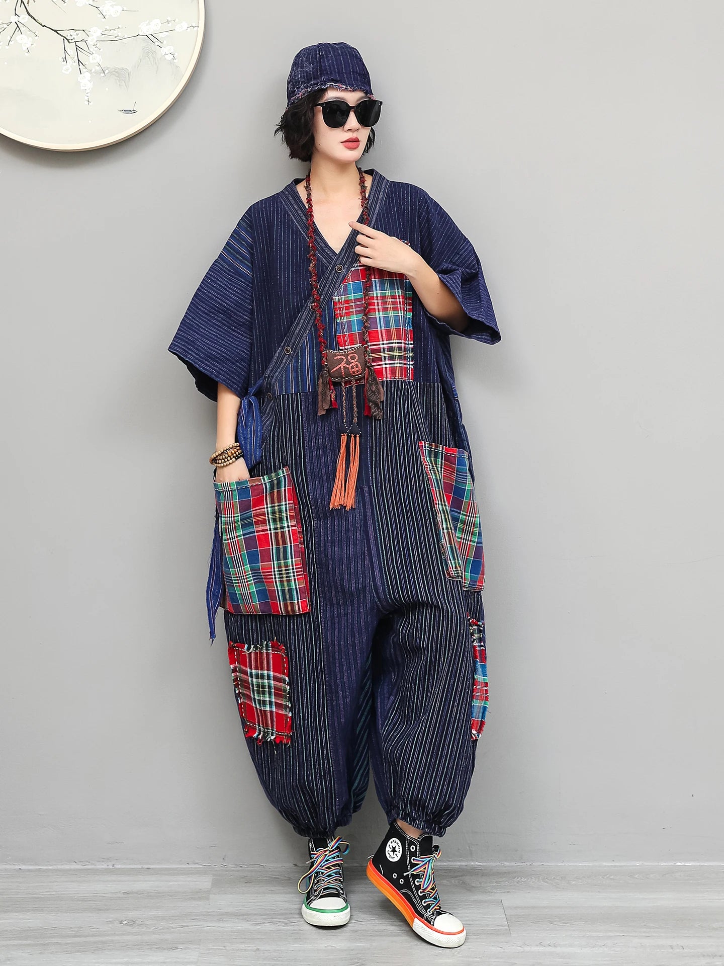 Women Plaid Jumpsuit Loose Wide Legs Short Sleeves Diagonal Buttons Straps Jumpsuit LX6229