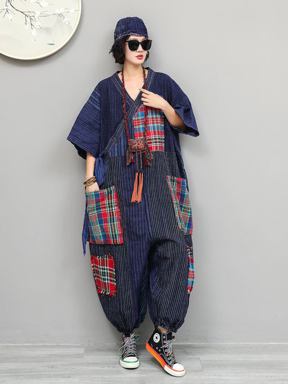 Women Plaid Jumpsuit Loose Wide Legs Short Sleeves Diagonal Buttons Straps Jumpsuit LX6229