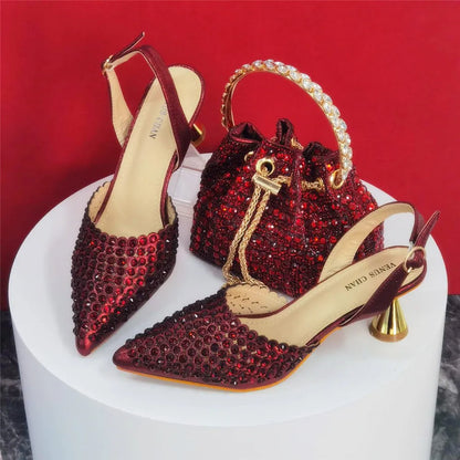 Multicolor Rhinestone Heels & Bag Set | Crystal Pointed Slingback Pumps, Women Wedding Bridal Evening Party Matching Shoes Handb