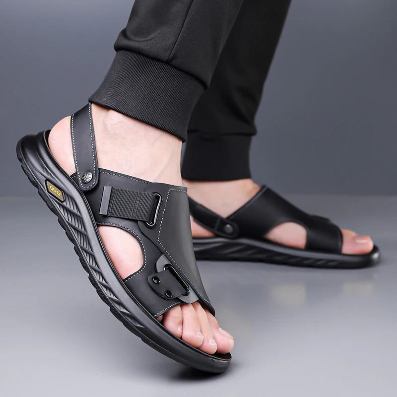 2026New Summer Mens Summer Outdoor Sandals 2-in-1 Beach Walking Shoe Genuine Leather Business Driving Shoe Flat Designer Sandals