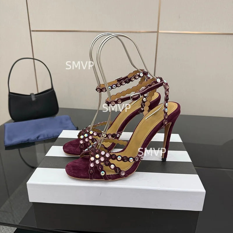 Women Crystal Rhinestone High Heel Sandals 2026 Summer New Toe Ankle Strap Thin Heels Transparent Silver Party Wedding Shoes