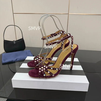 Women Crystal Rhinestone High Heel Sandals 2026 Summer New Toe Ankle Strap Thin Heels Transparent Silver Party Wedding Shoes