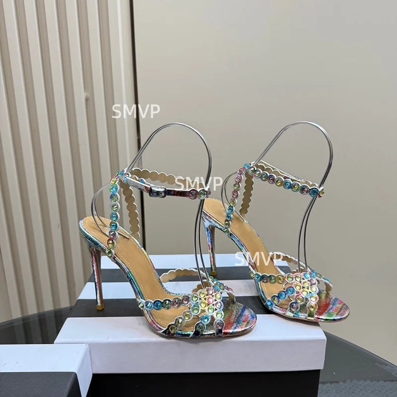 Women Crystal Rhinestone High Heel Sandals 2026 Summer New Toe Ankle Strap Thin Heels Transparent Silver Party Wedding Shoes