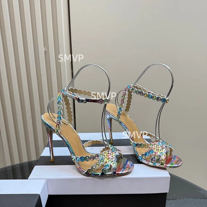 Women Crystal Rhinestone High Heel Sandals 2026 Summer New Toe Ankle Strap Thin Heels Transparent Silver Party Wedding Shoes
