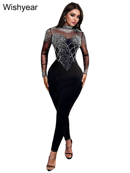 Wishyear Sexy Mesh See Through Rhinestone Black Jumpsuits Women One Piece Outfits Bodycon Long Sleeve Birthday Rompers Clubwear