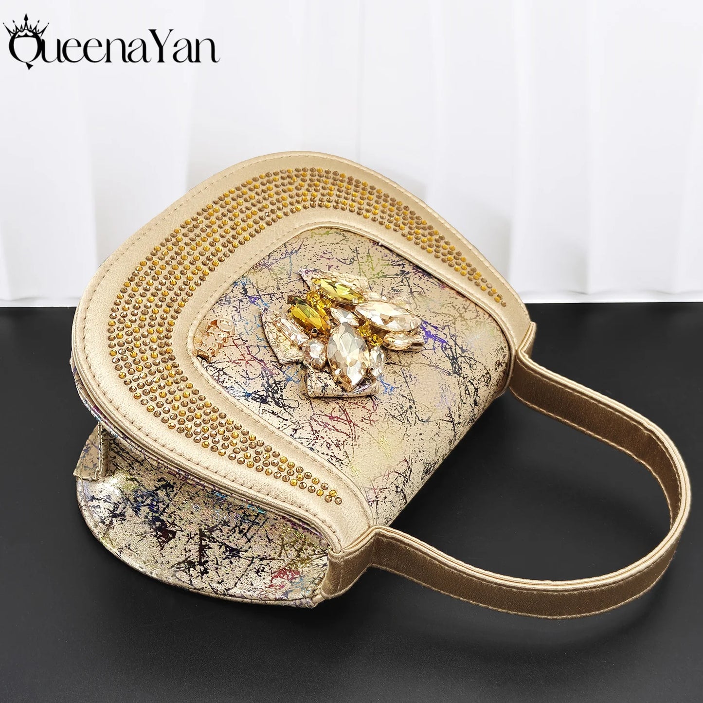 New Print Design Elegant Mature Style Gold Color Essential for Banquets, Exquisite HandBag with Peep Toe Sexy High-Heeled Shoes