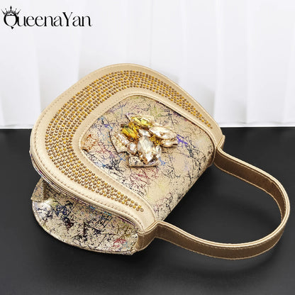 New Print Design Elegant Mature Style Gold Color Essential for Banquets, Exquisite HandBag with Peep Toe Sexy High-Heeled Shoes