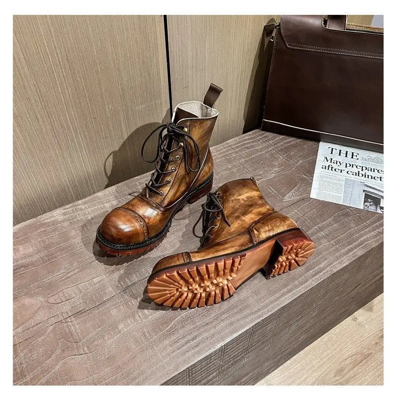 Fashion Cow Genuine Leather Motorcycle Boots Brogue Shoes Retro High Big Head Men's Mid-calf Chelsea Boots For Men Brown