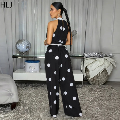 HLJ Retro Polka Dot Printting Bodycon Jumpsuit Women Halter Sleeveless Backless Rompers Casual Vacation Party Ladies Outfits New