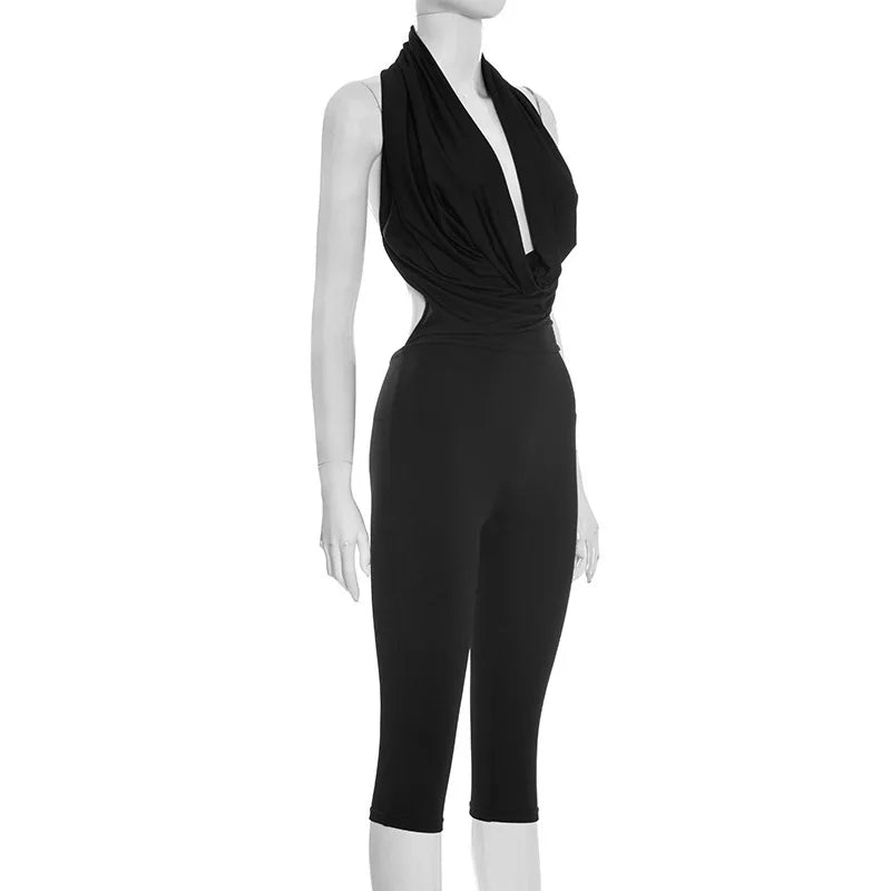 Summer Fashion New Women Sexy Jumpsuit Plunge Halterneck Backless Lace-up Solid Color Ruched One Piece Romper Capri Jumpsuits