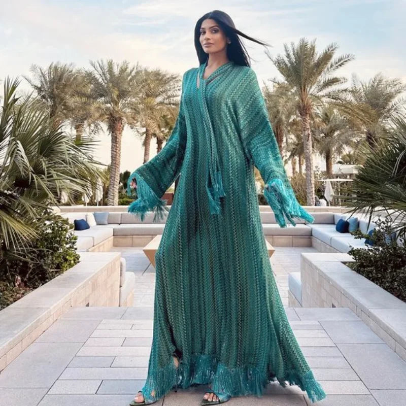 Elegant Tassel Hem Maxi Dress Women V-neck Long Sleeve with Scarf Loose Dresses 2026 NEW Spring Luxury Lady Party Evening Gowns