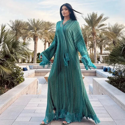 Elegant Tassel Hem Maxi Dress Women V-neck Long Sleeve with Scarf Loose Dresses 2026 NEW Spring Luxury Lady Party Evening Gowns