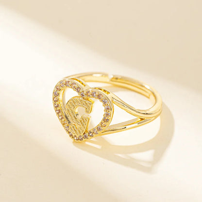 White Zircon 26 Letters A-Z Love Heart Open Adjustable Rings For Women Gold Silver Color Wedding Band Jewelry Mother's Day Gifts