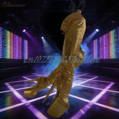 Pole Dance Performance Back Strappy Over the Knee Boots Open Toe Gold Patent Leather Side Zipper Women Dance Shoes Para Mujere