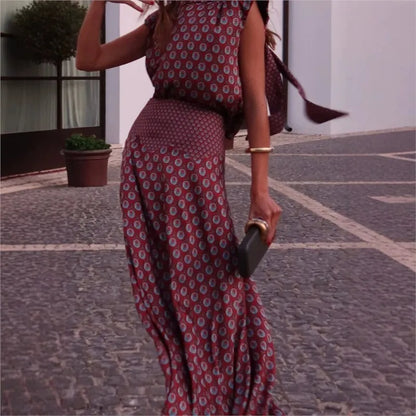 Vintage Printed Slim Office Commuting Suit Casual Loose Top+High Waisted Skirt 2pc Set Elegant Semi High Neck Sleeveless Outfit