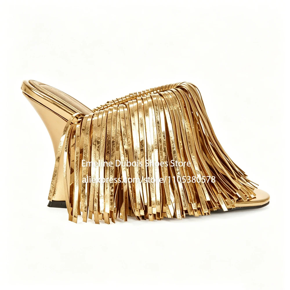 Blue Patent Leather Fringe Wedge Heel Mules Open Peep Toe Slip On Irregular Heel Sandals Nightclub Party Runway Shoes for Women