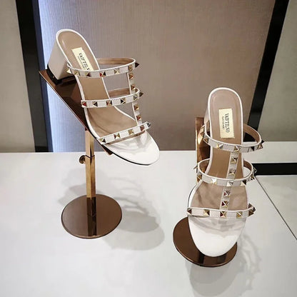 Women's Sandals Gladiator Summer With Heels Real Leather Rivets Luxury Brand High-heeled slippers Designer Silver Ladies Shoes
