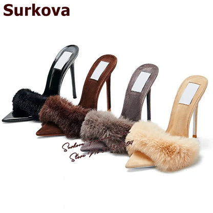 Surkova Sky Blue Black Luxury Fur Embellished Sandals Suede Thin High Heel Slippers Steel Tip Toe Slip-on Evening Shoes Size46