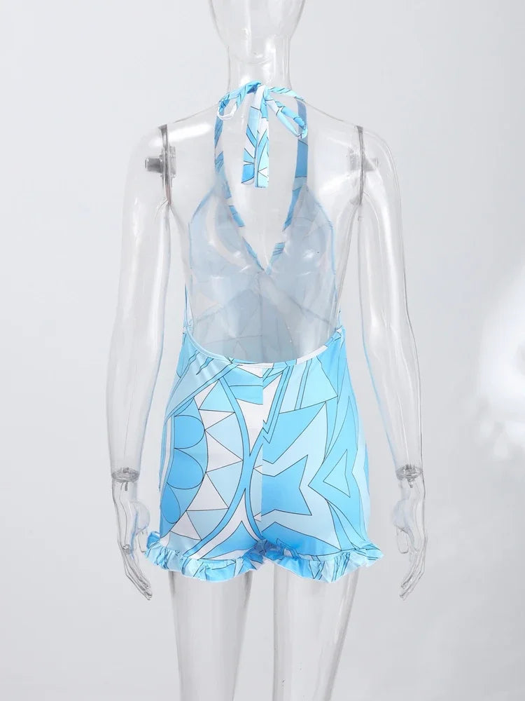Summer Lady Geometry Printed Bodysuit Halter Sleeveless Backless Top Shorts Female One-piece Swimwear Women Vacation Beachwear