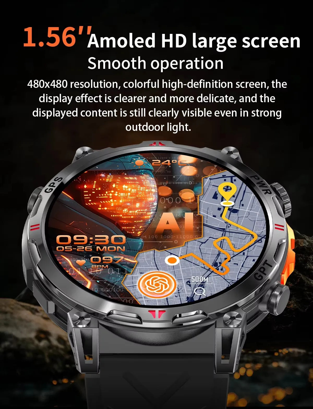 Men KC93 Smart Watch 1.56inch AMOLED GPS Positioning Outdoors Sports Fitness Tracker Bluetooth Calling Large Battery Smartwatch