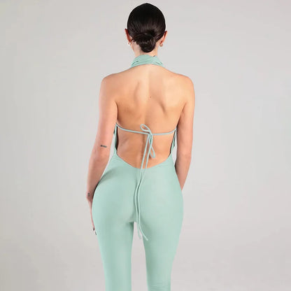 Summer Fashion New Women Sexy Jumpsuit Plunge Halterneck Backless Lace-up Solid Color Ruched One Piece Romper Capri Jumpsuits