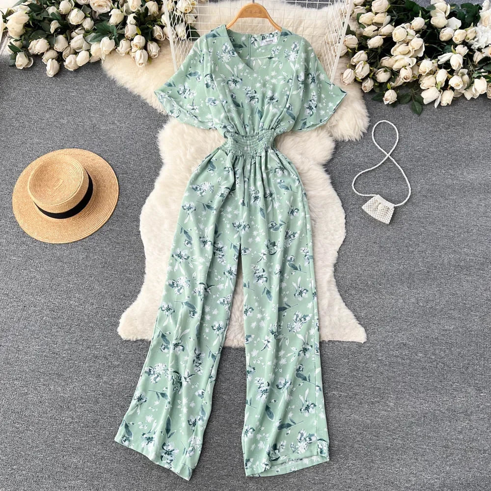 2026 New Summer Beach Summer Floral Jumpsuits Fashion V Neck Elastic Slim Short Sleeve Streetwear Vacation Retro Long Rompers