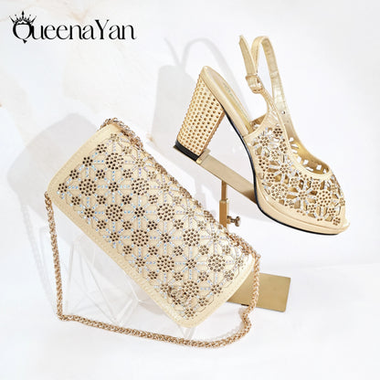 Queena Yan Popularity Olive Color Rhinestone Decoration Design Peep Toe Party Wedding Women High Heels and Bag Set