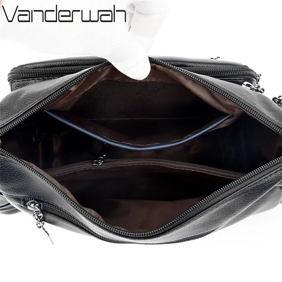 Many Pockets Women Leather Top-handle Bag Luxury Designer Female Shoulder Messenger Shopper Bags Brand Ladies Crossbody Handbags