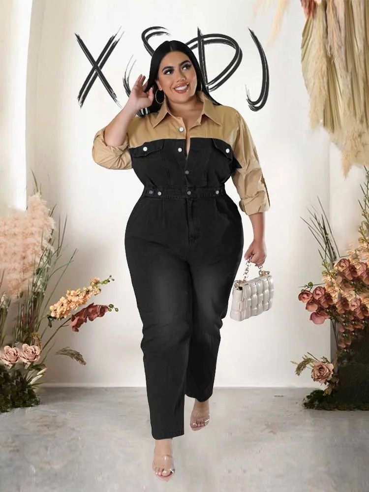 Winter Jeans Jumpsuit for Women Simple and Elegant Long Straight Jumpsuits Plus Size Clothing Female Denim Cotton Jumpsuit