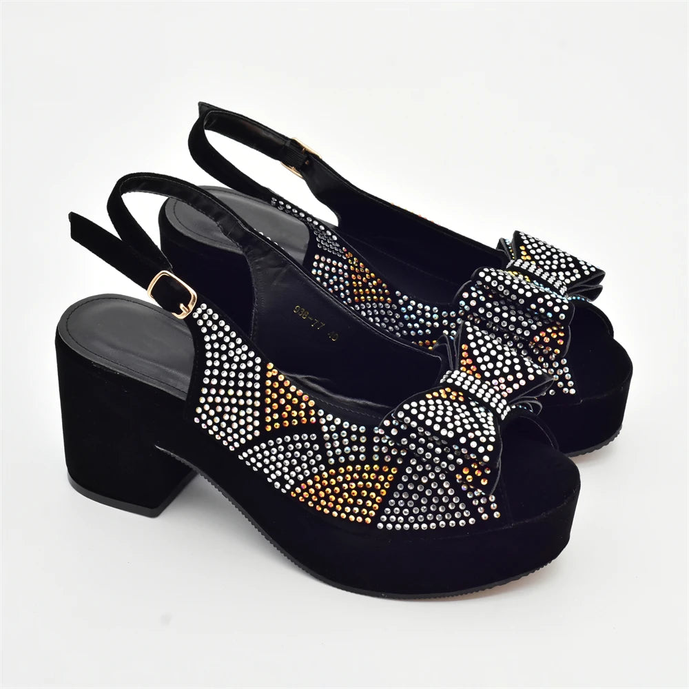 Nigeria Ladies Shoe and Bag Set Decorated with Rhinestone Block Heel Comfortable Platform Pumps Luxury Designer Shoes Women