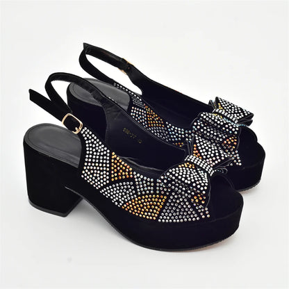 Nigeria Ladies Shoe and Bag Set Decorated with Rhinestone Block Heel Comfortable Platform Pumps Luxury Designer Shoes Women