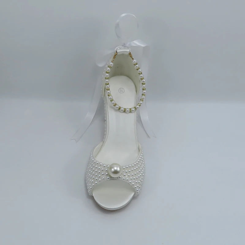 2024 New Customized White Women's Sandals Bridal Shoe Bag Set Women's Coarse Heel Big Pearl Women's Fashion Sandals Party Shoes