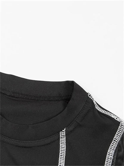 2025 Women Sexy Mesh Patchwork Letter Print Bodysuit Fashion Balck Patchwork Long Sleeve O-Neck Fitness Tops Wild Streetwear