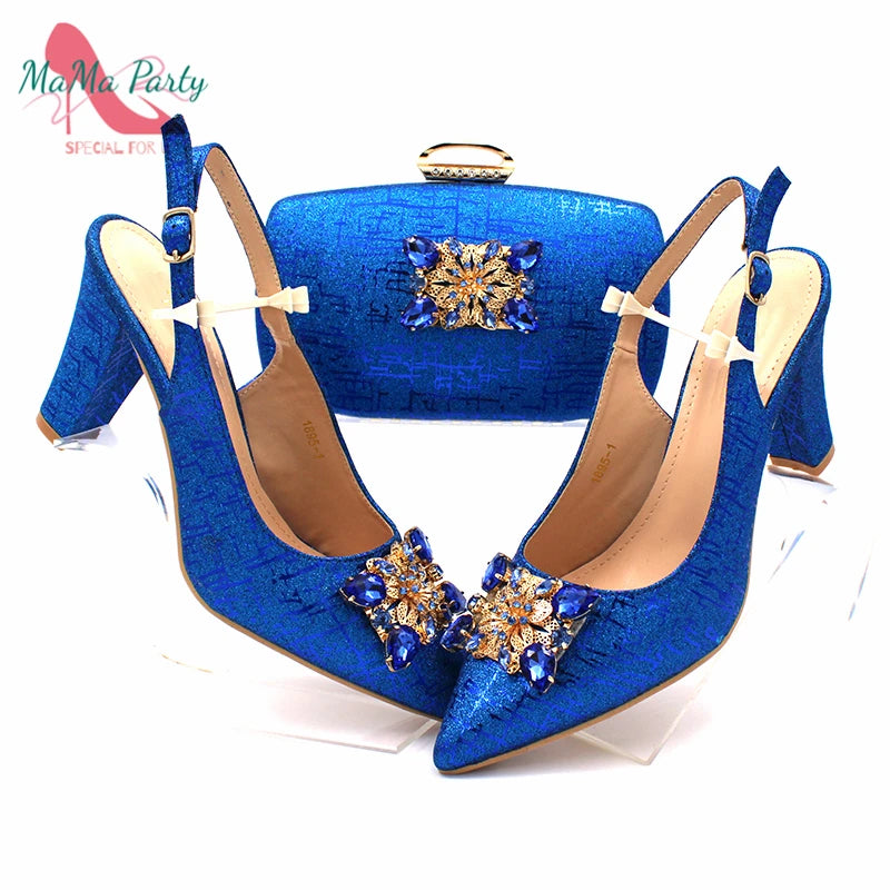 Fuchsia Color Italian Classics Design African Women Shoes and Bag Set High Quality with Shinning Crystal for Wedding Party