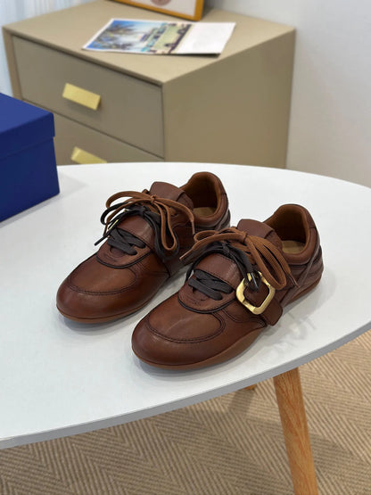 Women Leather Sneakers Gold-tone Buckle Strap