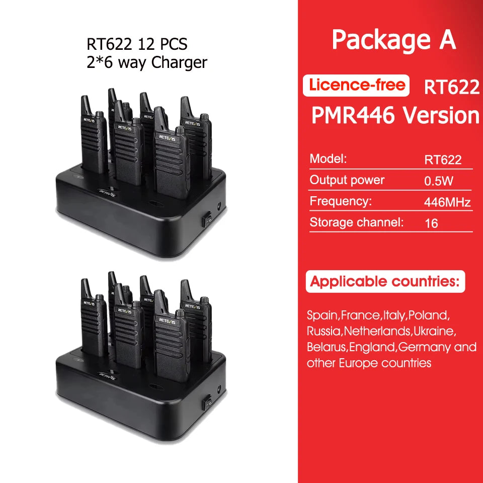 Retevis RT622 Mini Walkie Talkie 12Pcs PMR446 FRS License-free Rechargeable Two-way Radio Walkie-talkies for Hotel Restaurant