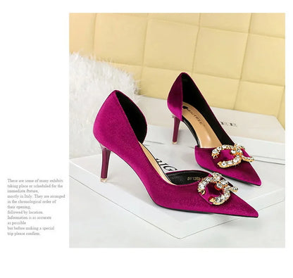 BIGTREE Party Pumps 7cm Thin High Heels Western Style Velvet Shallow Pointed Toe Side Hollow Crystal Pearl Bow Lady Shoes Pink