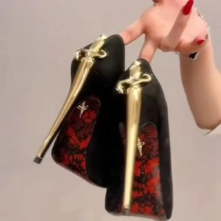 2026 Early New High Heels Women's Fine Heels Pointed Metal Swords Sexy Queen Black Lacquer Leather Single Shoes