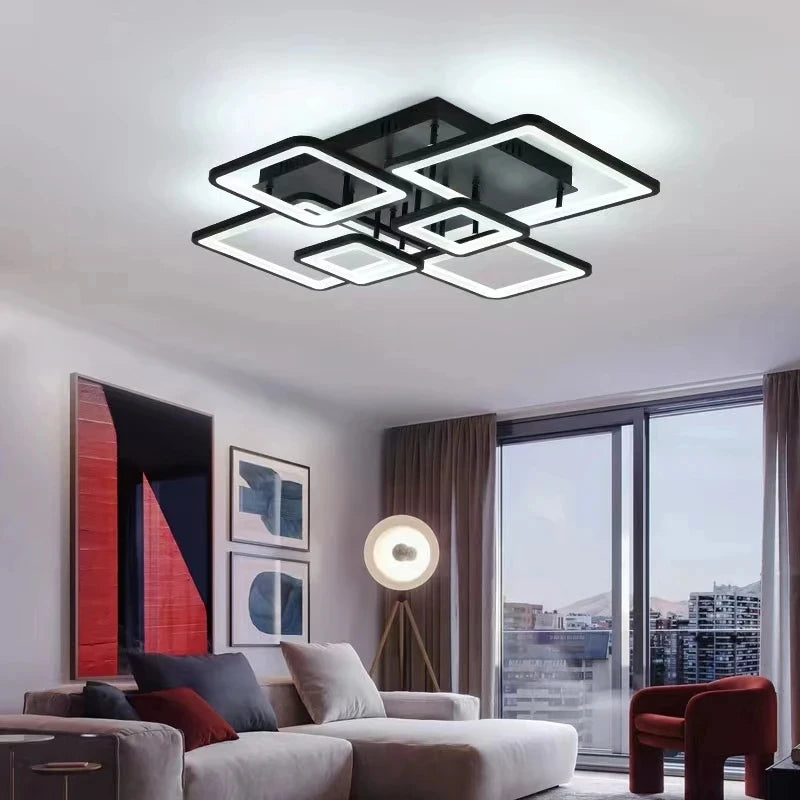 Creative Grid LED Ceiling Light Luxury Villa Hall Black Living Room Decor Dining Room Ceiling Chandelier Home Lustre Fixture