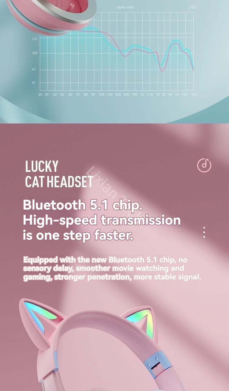 GRB Glow Gaming Headset Gamer Stereo Bass Cat Ear Wireless Earpods Bluetooth Earphones TYPE-C Cable Headphones Blutooth Handfree