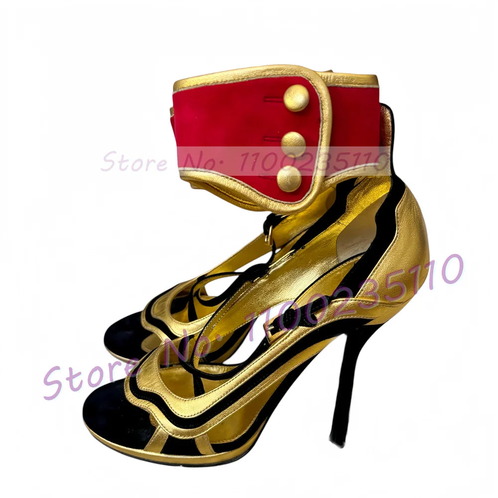 Mixed Colors Ankle Strap Sandals Women Elegant Wave Edge Cross Strap High Heels Female Button Decor Newest Open Toe Party Shoes