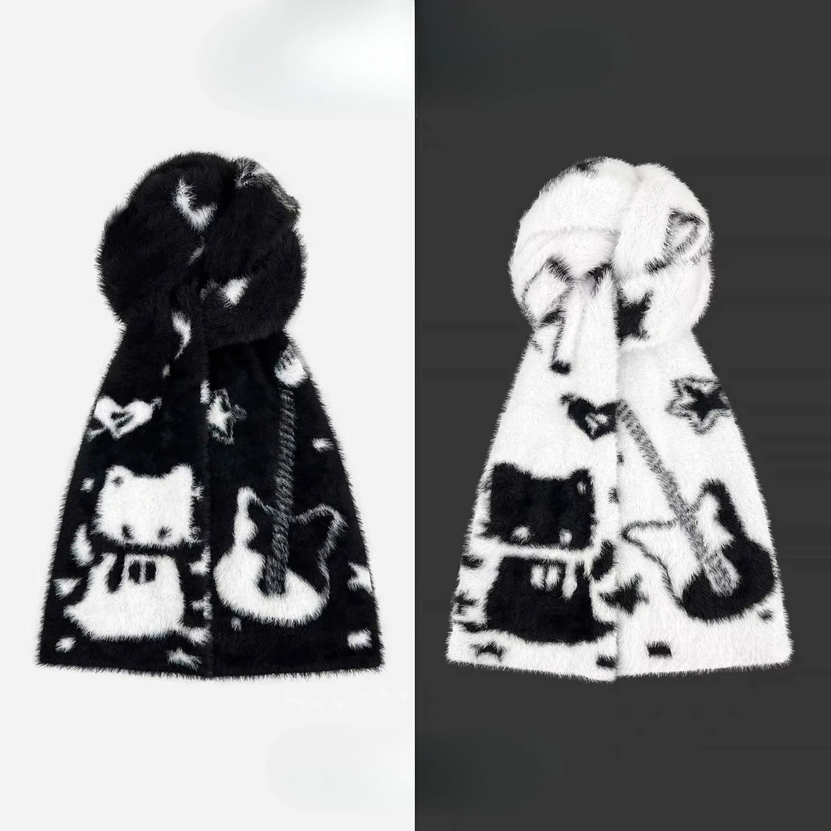 Y2K Guitar Cat Scarves for Women Winter Simulated Mink Fur Long Scarves Japanese Double-sided Knitted Long Luxury Mink Fur Wrap
