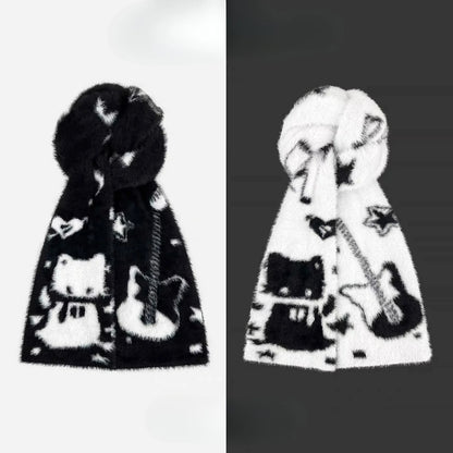 Y2K Guitar Cat Scarves for Women Winter Simulated Mink Fur Long Scarves Japanese Double-sided Knitted Long Luxury Mink Fur Wrap