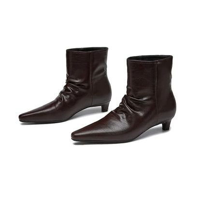 AIYUQI 2026 Women Pointed Toe Ankle Boots Vintage Ruched Kitten Heel Short Boots Elegant Slip On Dress Booties for Daily Party