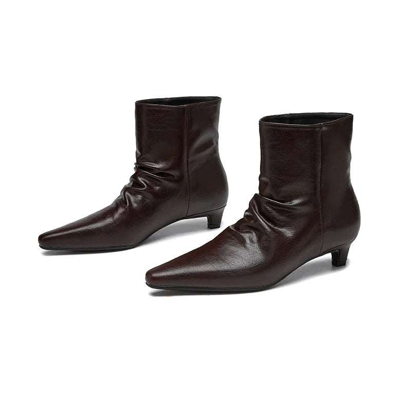 AIYUQI 2026 Women Pointed Toe Ankle Boots Vintage Ruched Kitten Heel Short Boots Elegant Slip On Dress Booties for Daily Party