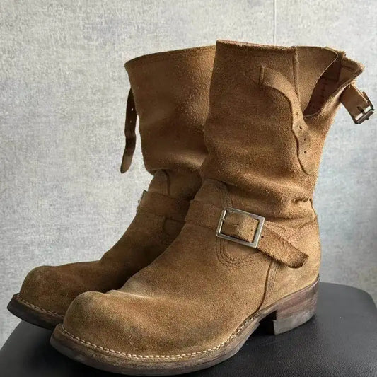 Fashion Men's Khaki Cow Suede Work Boots Mid-Calf Engineer Boots Faded Metal Buckle Strap Motorcycle Knight Boots Sewing