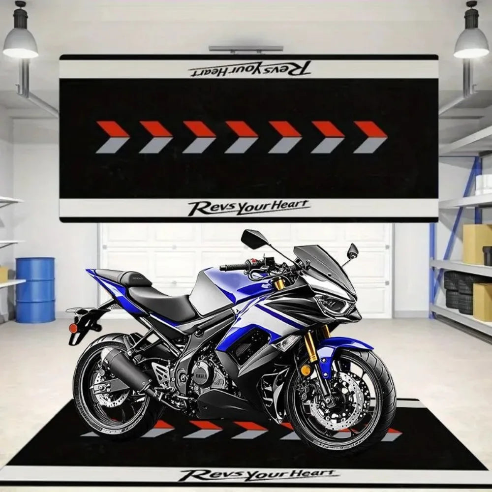 Revs Your Heart Motorcycle Mat Crystal Velvet Anti-Slip Garage Floor Mat for Motorbike Parking, Oil Absorbent, Home Garage Decor